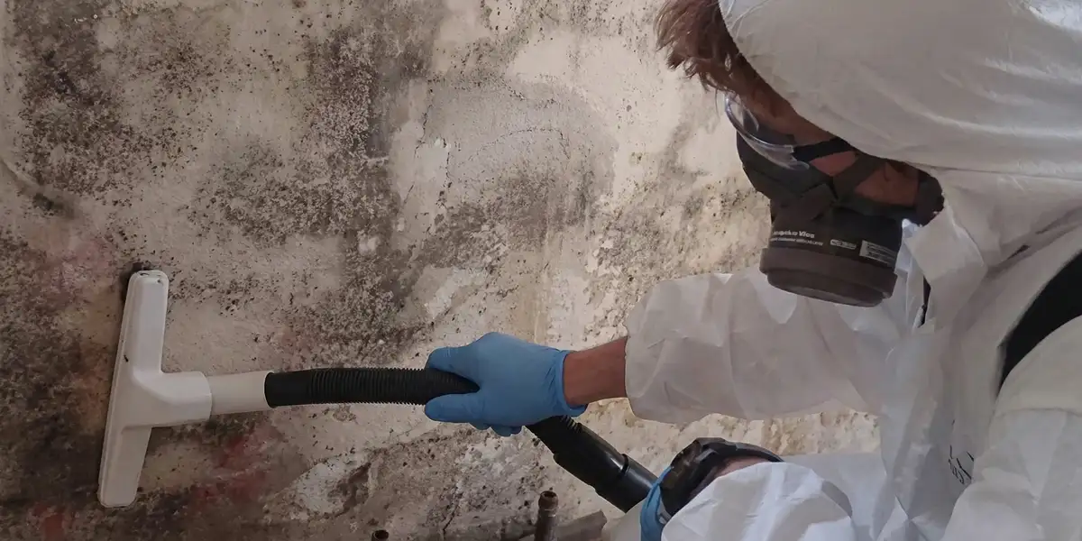 professional mold removal technician wearing protective equipment removing mold from a wall in San Diego, CA