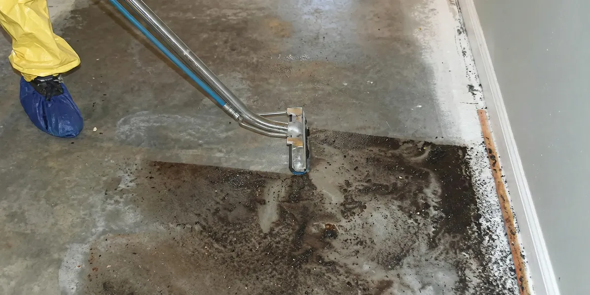 sewage removal technicians extracting contaminated wastewater from a residential floor in San Diego, CA